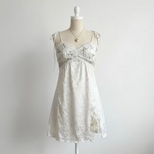 Ivory Lace Slip Dress with Delicate Green Embroidery